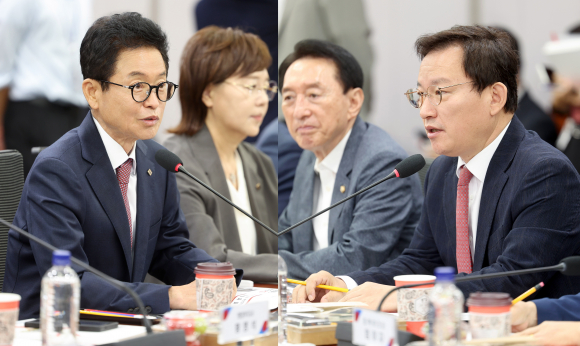 이철우 도지사(왼쪽)와 김형동 도당위원장이 인사말을 학 있다.<경북도 제공?