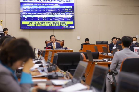 이만희 보건복지위원장이 보건복지부에 대해 국정 질의를 하고 있다.<의원실 제공>
